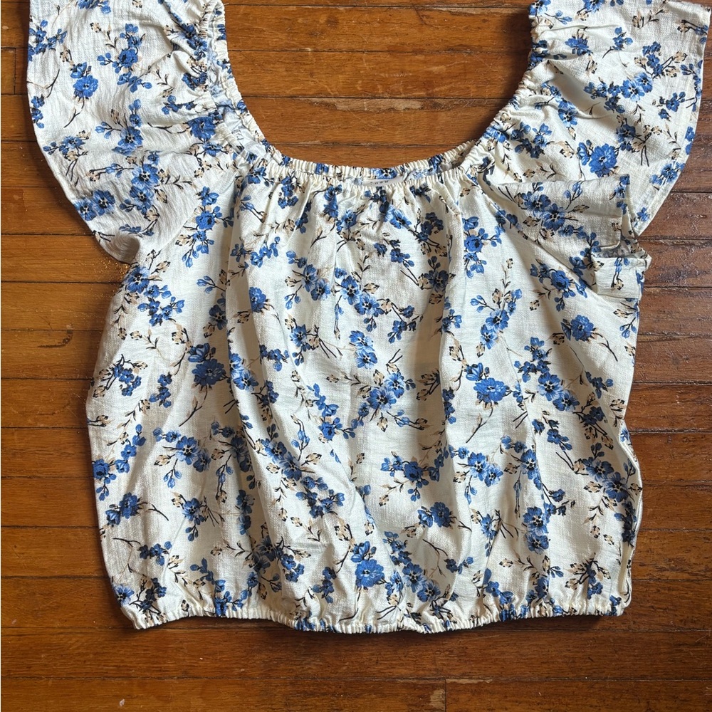 A New Day Cream Blouse with Blue Floral Pattern